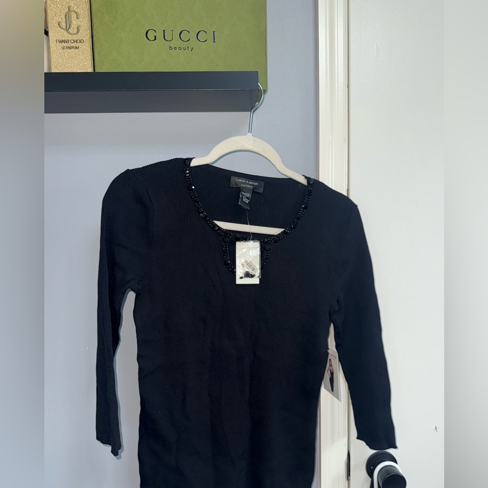 Black Beaded Neck Sweater- Cable and Gauge Petite Womens Medium